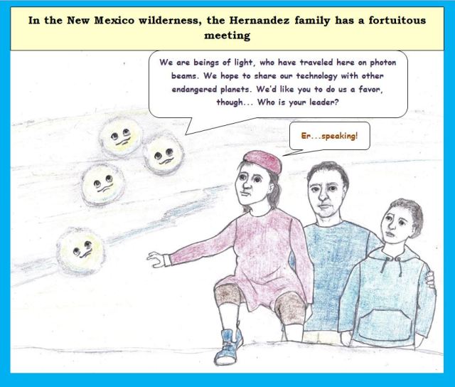 Cartoon of immigrant family meeting aliens